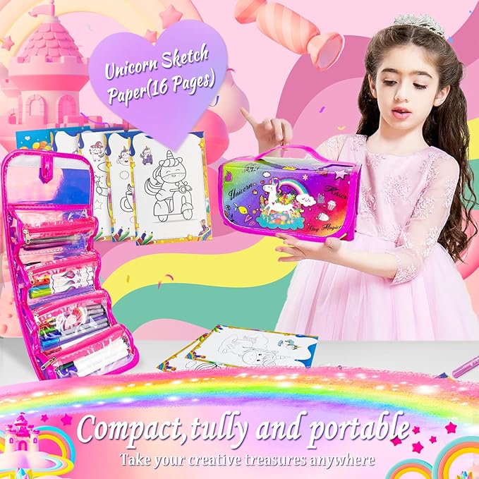 56 PCS Washable Scented Markers with Glitter Pencil Case, Mermaid Unicorn Arts and Crafts for kids 4-6-8 Kids Coloring Drawing Kits for 4-8 Years Old Girls Xmas Gifts Stocking Stuffers (Rainbow, 70)