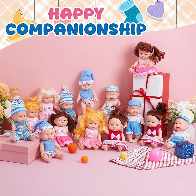 Halloscume 7 Inch Mini Baby Mini Reborn Doll Vinyl Full Body Lifelike Dolls Baby with Weighted Cloth Reborn Gift Set for Kids, Gifts for Christmas Kids(8 Pcs,Cute)