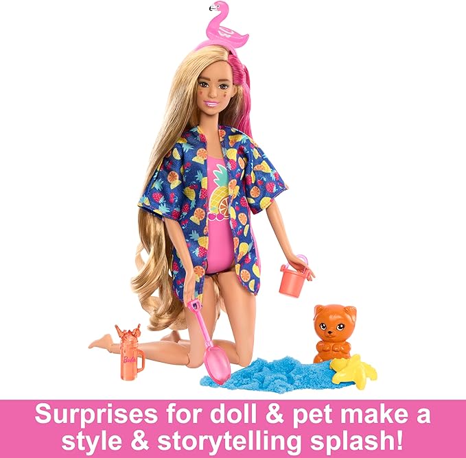 Barbie Pop Reveal Doll & Accessories, Rise & Surprise Fruit Series Gift Set with Scented Doll & Squishy Pet, Color Change, Moldable Sand & More, 15+ Surprises