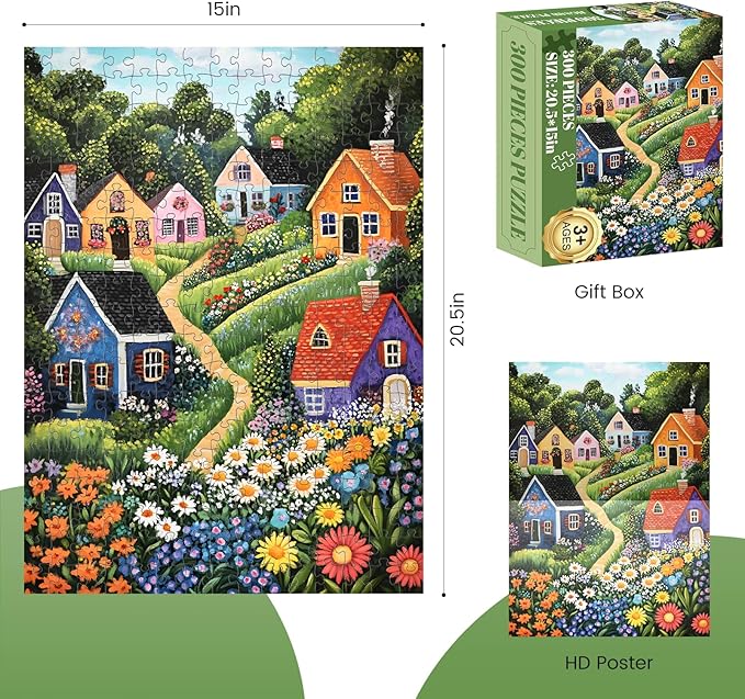 300 Piece Puzzles for Adults, Idyllic Village Jigsaw Puzzles, Blooming Garden 300 Piece Puzzle, Perfect for Family Time, Home Wall Decor, Great Gift for Adults, Kids, Seniors, 20.5 x 15 in