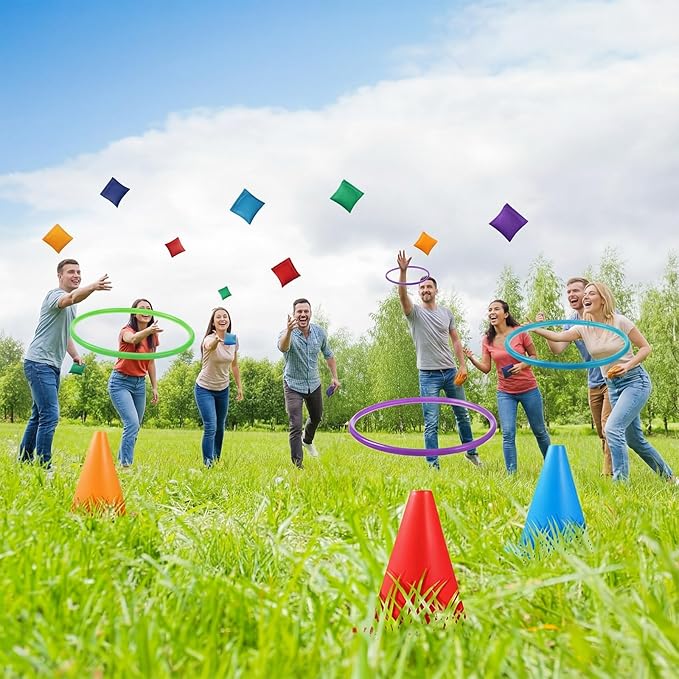 43 Pcs 3 in 1 Carnival Outdoor Games Combo Set Include 6 Plastic Cones, 12 Rings, 12 Bean Bags, 12 Plastic Balls, 10 Feet Play Parachute for Holiday Carnival Party Play Game Decor Supplies