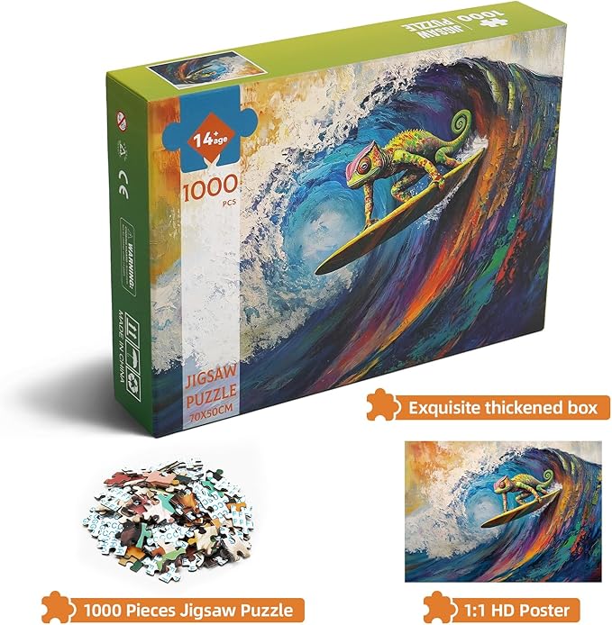 Vibrant Chameleon Surfing 1000 Piece Puzzle for Adults - Challenging Puzzles Art Painting Jigsaw Puzzles Family Game Home Decor