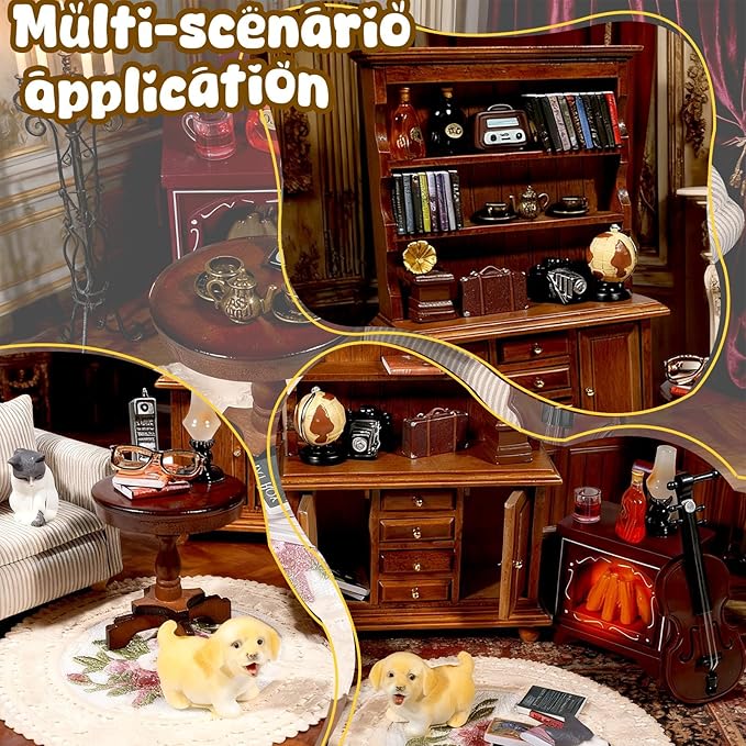 1：12 Scale Miniature House Furniture Set Classic Mini Furniture Sofa Set with Pillows Mini Couch Carpet Wooden Furnitures Bookshelf Desk Chair Living Room Scene Decor