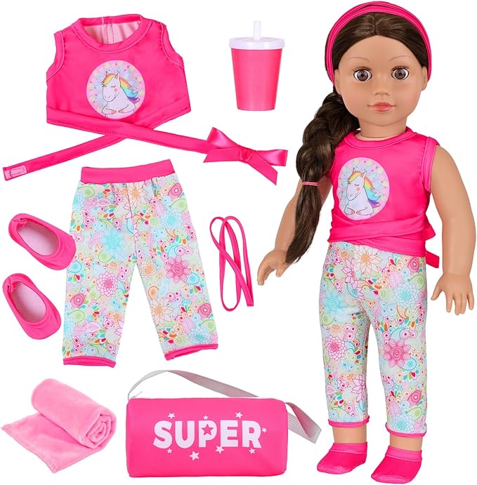 American 18 inch Doll 7-Piece Gymnastics Doll Yoga Outfit Set , Pink Pony Design with Accessories, Sports Bag and Headband (Dolls NOT Included)