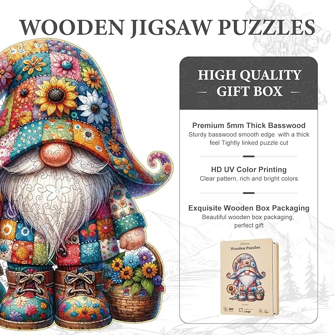 Wooden Jigsaw Puzzles, 300 Pieces Gnome Wooden Puzzles for Adults with Unique Shape, Large Wooden Puzzles with Exquisite Wooden Box Packaging