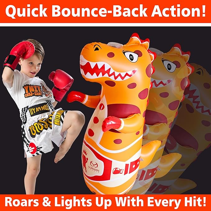 Marwan Sports Punch, Light & Roar Dinosaur Punching Bag – 47" Inflatable Bop Bag for Kids Ages 3-14 | Bounce-Back Toy with Lights & Roaring Sounds | Active Play Gift for Toddlers & Children