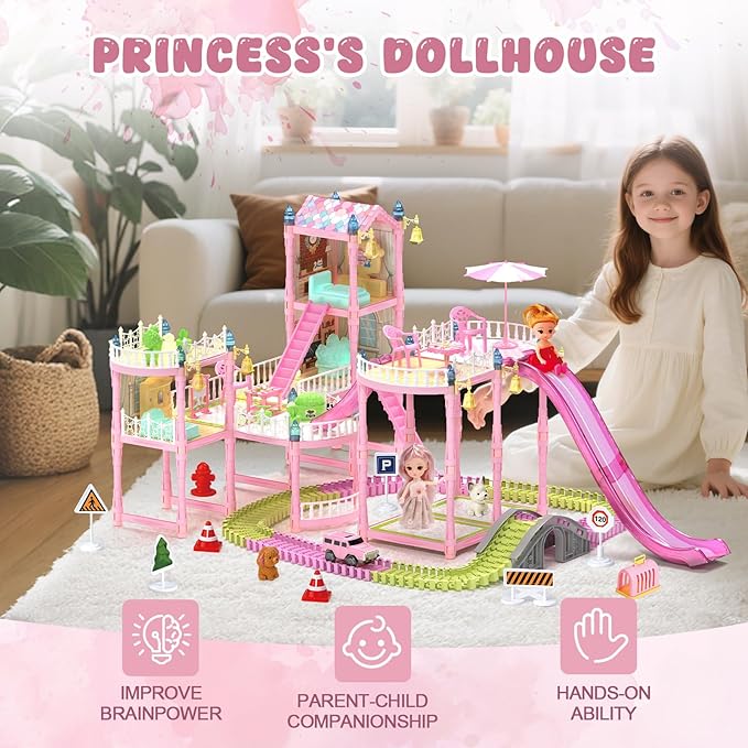 Doll House with Lights&Track Car Toy Set,Princess Dollhouse for Girls, 3 Dolls, Pets, Car, Furniture and Accessories, Design and Build Gift for 3 4 5 6 7 8+ Year Old Girls
