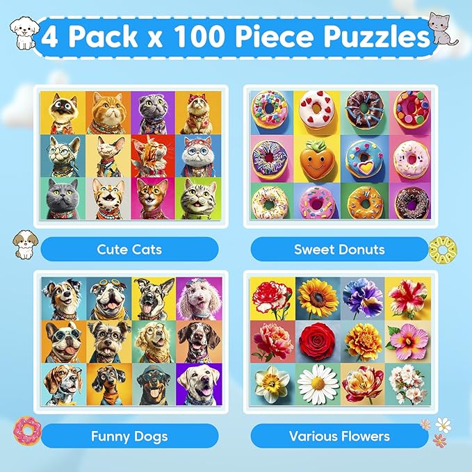 4 Packs 100 Piece Puzzles for Kids - Dogs Cats Donuts Flowers Puzzles for Kids Ages 4-6 6-8 8-10, Large Piece Puzzles for Kids & Seniors Adults Jigsaw Puzzles Educational Gifts for Girls Boys