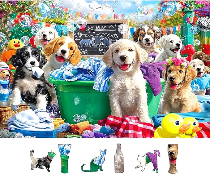 Puppy Laundry Day 500 Piece Jigsaw Puzzle for Adults Fun Colorful Cute Playful Dogs with Bubbles Bath Scene, Seniors & Families Relax Puzzles with Letters on Back, 23x15 Inch