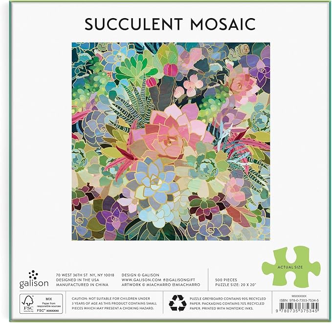 Galison Succulent Mosaic 500 Piece Foil Puzzle from Galison - 20" x 20" Beautifully Illustrated Puzzle, Thick & Sturdy Pieces, Fun and Challenging Activity for Adults, Unique Gift Idea!