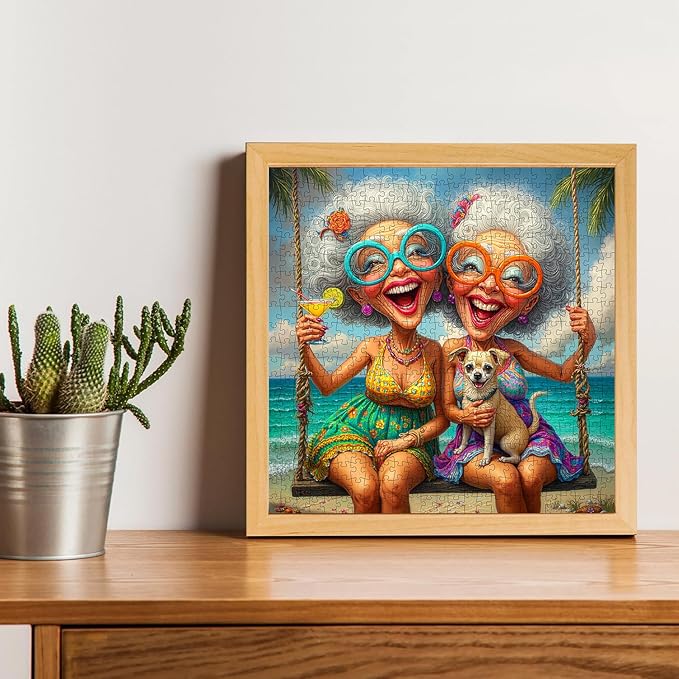 Old Woman Puzzles for Adults 500 Pieces - Happy Grandma Paper Puzzle, Funny Elderly Sisters Beach Swing Puzzle, Ladies Friends Puzzles, Home Decor Challenge Gift for Old People and Best Women Friend