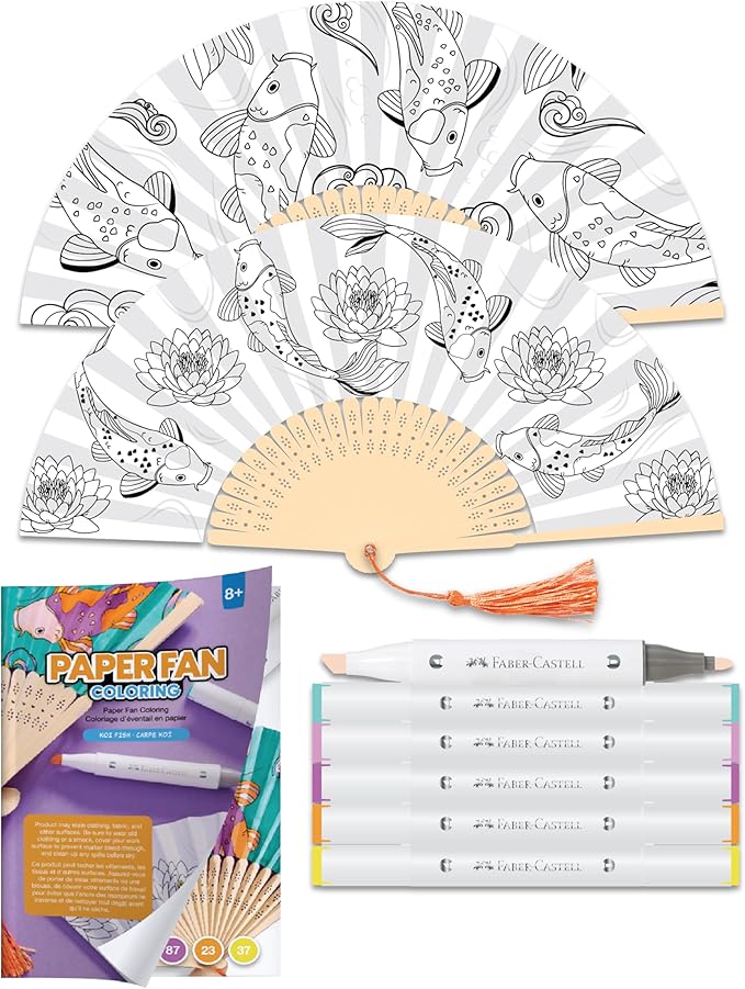 Faber-Castell Paper Fan Coloring Kit: Koi Fish | Folding Fans with Dual-Tip Markers & Pre-Printed Designs | Relaxing DIY Craft, Kids Activities and Easter Basket Stuffers (2 Fans, 6 Markers)