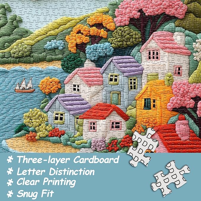 Embroidery Village Jigsaw Puzzle 1000 Pieces, Seaside House Scenery Puzzles for Adults, Beach Coastal Landscape Puzzles with Flower Tree Sailboat, Colorful Village Floral Wall Decor
