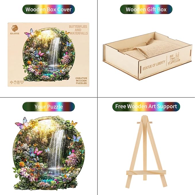 Wooden Puzzles for Adults, Butterflies and Waterfalls Jigsaw Puzzles, 301 Piece Unique Shaped Puzzle, 3D Visual Landscape Shape Puzzle, Gifts for Adults，Wall Decor(13.4 * 13 in)