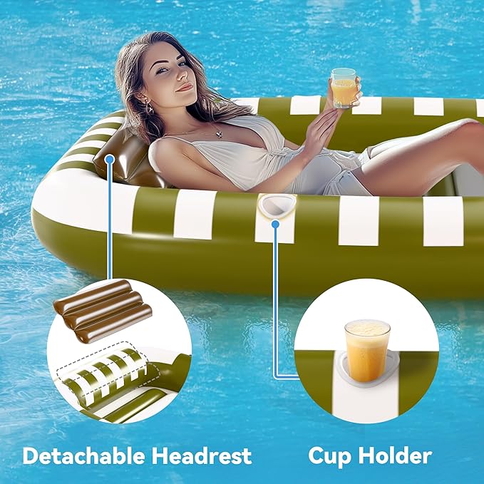 Pool Wave Inflatable Pool Lounger Floats, 80" x 66" Large Tanning Bed for Adult Kids, Outdoor Sun Bathing Floating Blow up Raft W/Pillow, Spray Water Mat, Summer Beach Lake Family Party Gift - Green