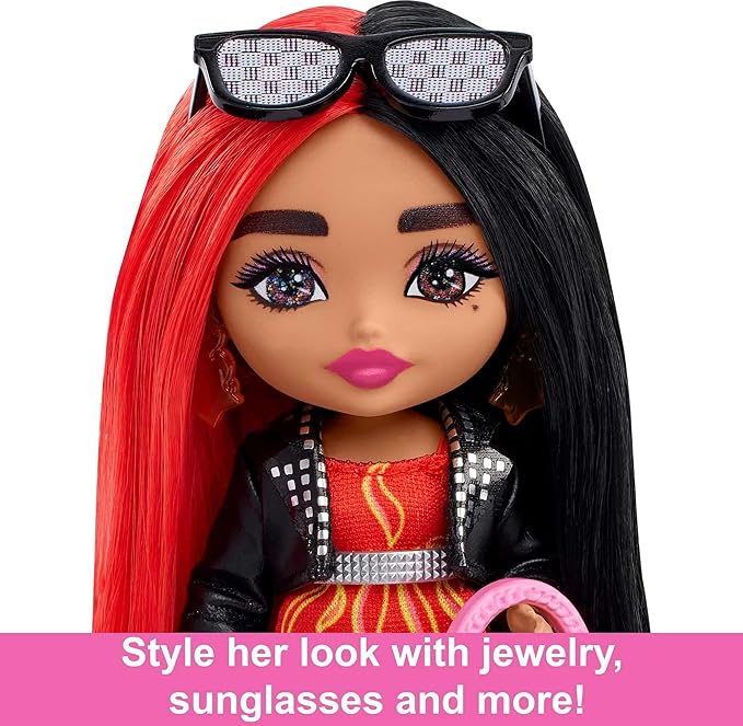 Barbie Extra Minis Doll & Accessories with Red & Black Hair Wearing Flame-Print Dress & Moto Jacket, 5.5-inch