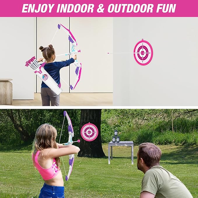 Bow and Arrow for Kids, LED Light Up Archery Set with 12 Suction Cup Arrows, 1 Hanging Target, 3 Score Targets & 1 Quiver, Indoor Outdoor Sport for Boys Girls Ages 4-12, Purple