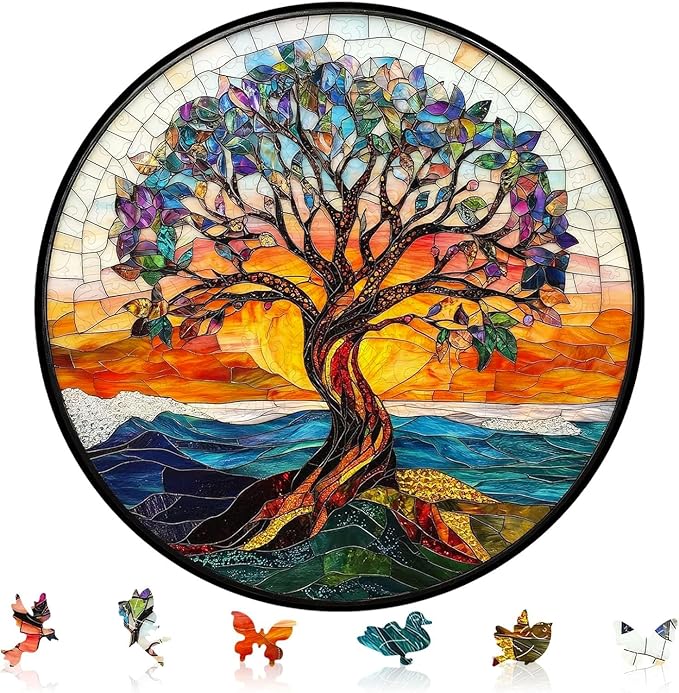 Bodhipnjoy Tree of Life Wooden Puzzles, Stained Glass Tree Jigsaw Puzzles 200 Piece, Fun Challenging Unique Shaped Wood Plant Puzzles, Creative Gifts Family Game Home Decor 11.2 * 11.2 inch