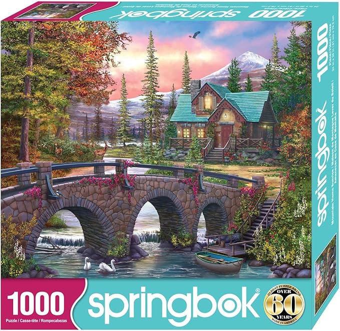 Springbok's Mountain Home Sunrise 1000 Piece Puzzle for Adults is a Soothing Image of a Mountain Cabin Retreat