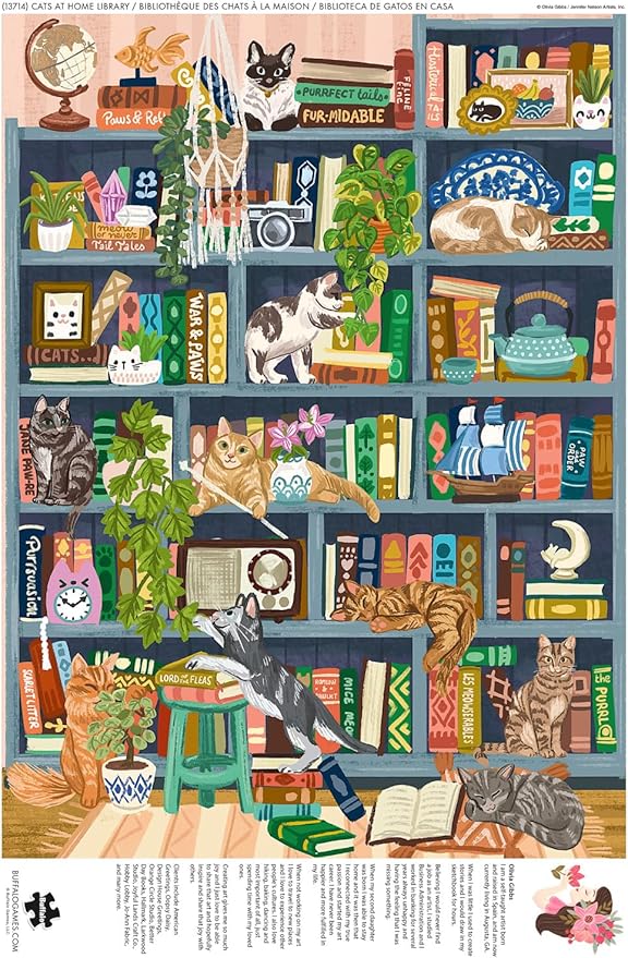 Buffalo Games - Bonjour - Olivia Gibbs - Cats at Home Library - 1000 Piece Jigsaw Puzzle for Adults - Challenging Puzzle Perfect for Game Nights