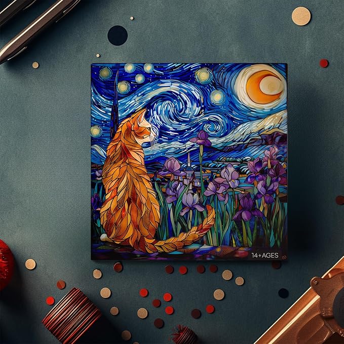 PICKFORU Stained Glass Puzzles: 1000 Pieces, Adults' Cat Lovers' Jigsaw Puzzle - Purple Iris Flowers, Starry Night, Moonlit Cat Flower