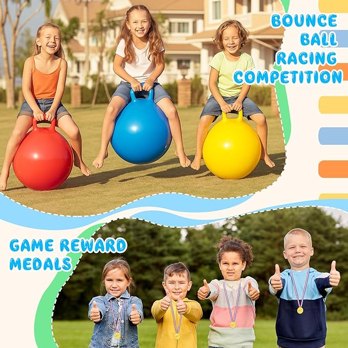 Soulchen 11 Pcs Carnival Outdoor Games Set with 4 Pieces 20 Inch Hopper Balls with Handle 1 Air Pump 2 Whistles 4 Plastic Medals Fall Festival Christmas Yard Games for Adult Boys Girls