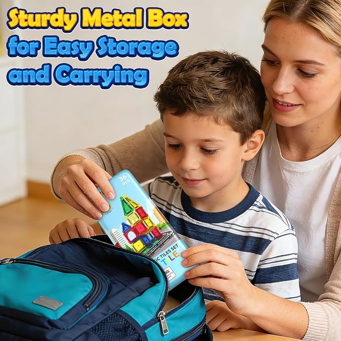 Mini Magnetic Tiles Road with Case Toddler Travel Toys Trip Essentials Set, Magnetic Building Blocks Toys for 3 4 5+ Year Old Boys Girls Montessori Sensory Learning Easter Birthday Gifts
