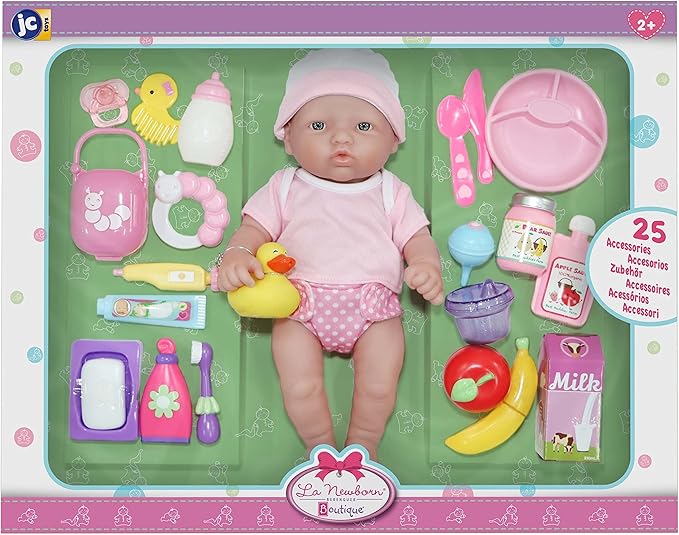 JC Toys - La Newborn Nursery | 25 Pieces Layette Deluxe Gift Set | 12" Life-Like Posable Vinyl Baby Doll w/ Accessories | Pink | Ages 2+ (18348)