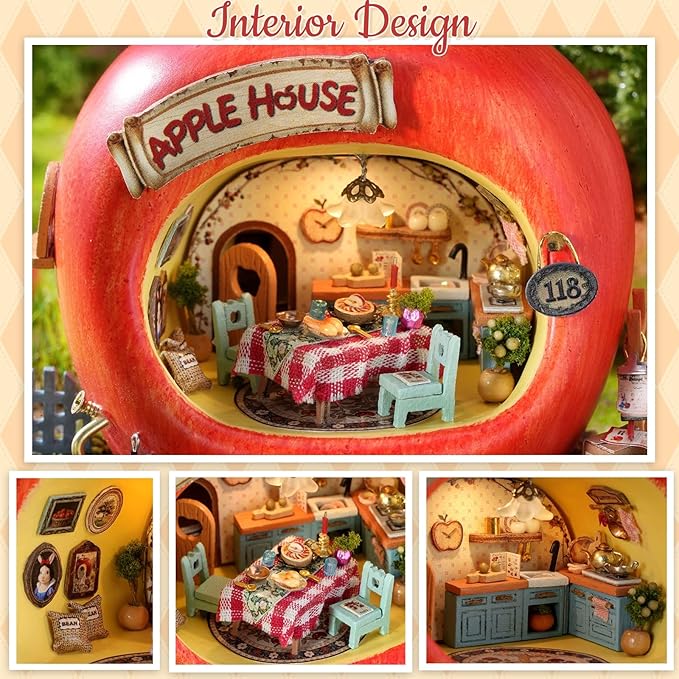 TuKIIE DIY Miniature House Kit with Furniture, 1:100 Scale Creative Room Mini Wooden Dollhouse Book Nook for Kids Teens Adults(Apple House)