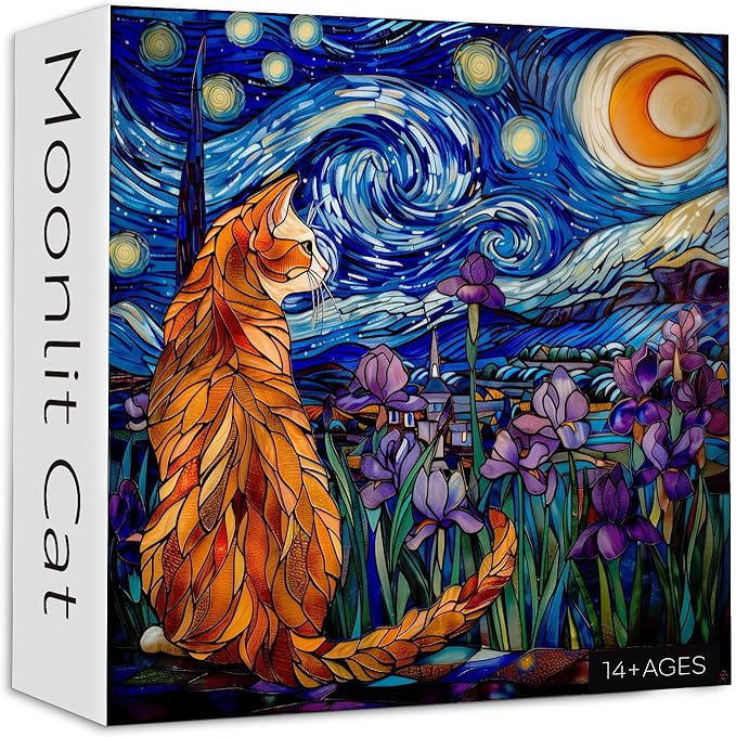 PICKFORU Stained Glass Puzzles: 1000 Pieces, Adults' Cat Lovers' Jigsaw Puzzle - Purple Iris Flowers, Starry Night, Moonlit Cat Flower