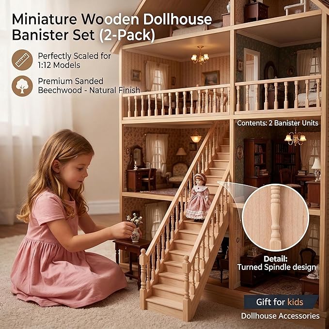 2PCS Dollhouse Railing Miniature Furniture - 1:12 Scale Wooden Stair woodHandrail Kit for DIY Fairy Doll House Accessories Victorian Dollhouse Micro Handrail