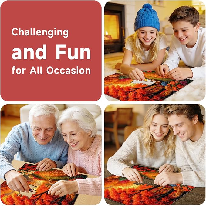 Autumn Park 1000 Piece Puzzle for Adults - Vibrant Fall Foliage, Riverside Bench Art, Poster & Lettered Back, 22.8" Square HD, Gift for Nature & Fall Lovers
