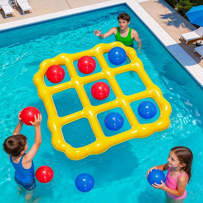 Tic Tac Toe Pool Game, Giant Inflatable Floating Board Set with 10 Balls, Pool Toys Party Game for Kids Adults Teens, Summer Water Party Backyard Beach Yard Field Day Outdoor Activities