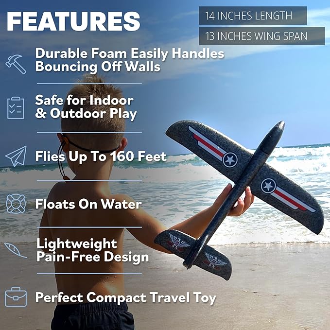 Airplane Toy for Kids - 3 Pack Safe & Easy to Throw Foam Airplanes for Kids - Outdoor Toys Glider Plane Toys - Yard Game Gifts for Boys & Girls - Birthday Gift Ideas for Ages 4 5 6 7 8 9 10 11 12 +