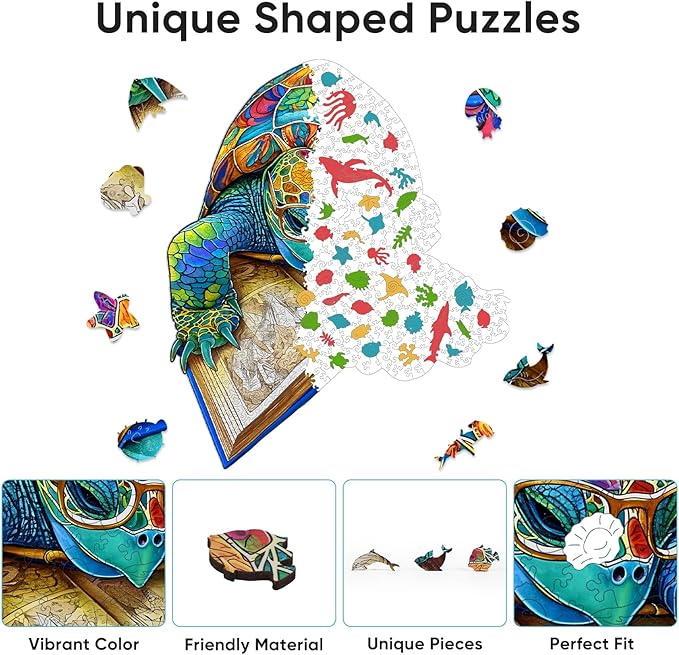 Bovearto Jigsaw Puzzles, Sea Turtle Wood Puzzles Adult, Ocean Animal Jigsaw Puzzle Unique Shaped for Kids Puzzle Gift Family Games Large Size (16.2"*16.5")