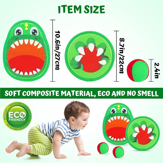 10.6 In Big Dinosaur Toss and Catch Ball Set, Catch Game Toys for Kids 3 4 5 6 7 8 9 10, Outdoor Yard Games Beach Toys for Family Outside Activities w/4 Big Rackets, 4 Balls, 1 Drawstring Bag