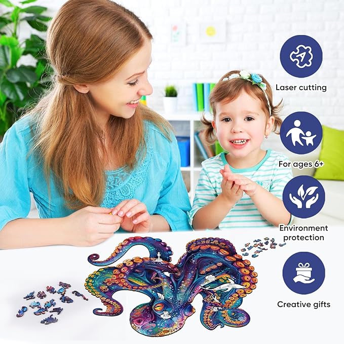 Qiuenisray Wooden Puzzles for Adults, Octopus Ocean Jigsaw Puzzles 200 Pieces, Cool Wood Puzzle Wall Decor, FSC Certified Unique Animal Adult Puzzles Piece, Creative Gift for Family Game 11.2x11.2 in