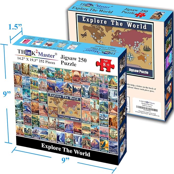 Think2Master Colorful Vintage World Destinations 250 Pieces Jigsaw Puzzle. Fun Educational Puzzle for Families. Great Gift for Teens & Adults with Interested in Traveling 14.2” X 19.3”