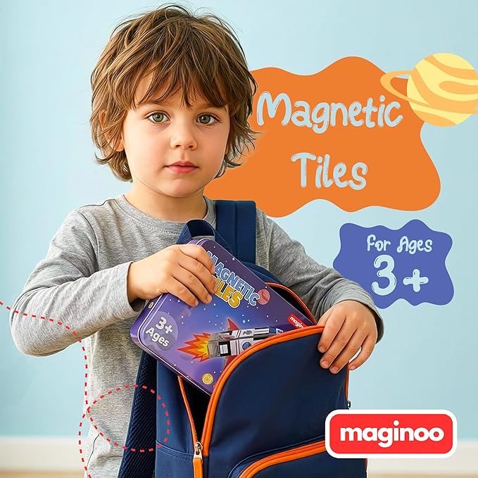 42PCS Mini Magnetic Tiles Space Rocket Travel Set with Iron Box STEM Educational Building Blocks Magnetic Construction Toy for Kids Ages 3 to 8 Creative Gift for Boys and Girls