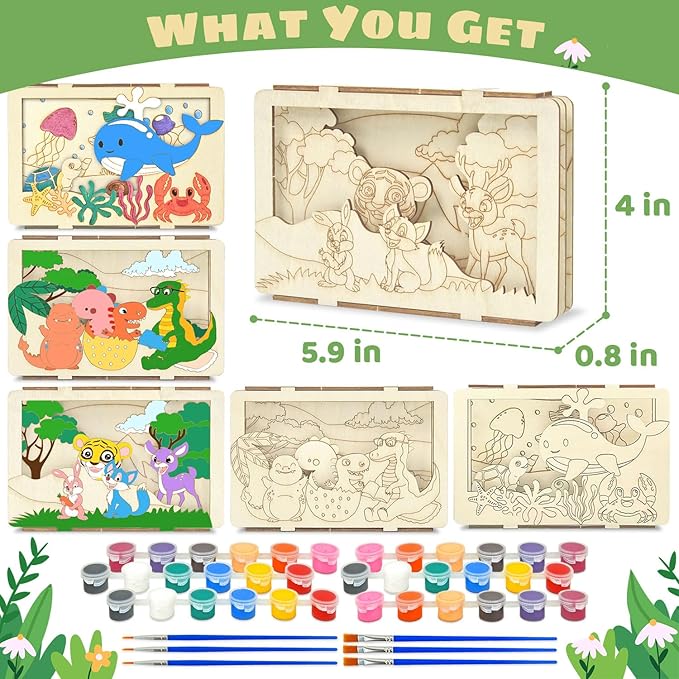 Vileafy 6-Pack 3D Wood Crafts for Painting Party Favors & Kids Gifts for Classmate – Dinosaur, Jungle & Ocean Puzzles with Individual Paints & Brushes for Boys & Girls Ages 4-8 (6)