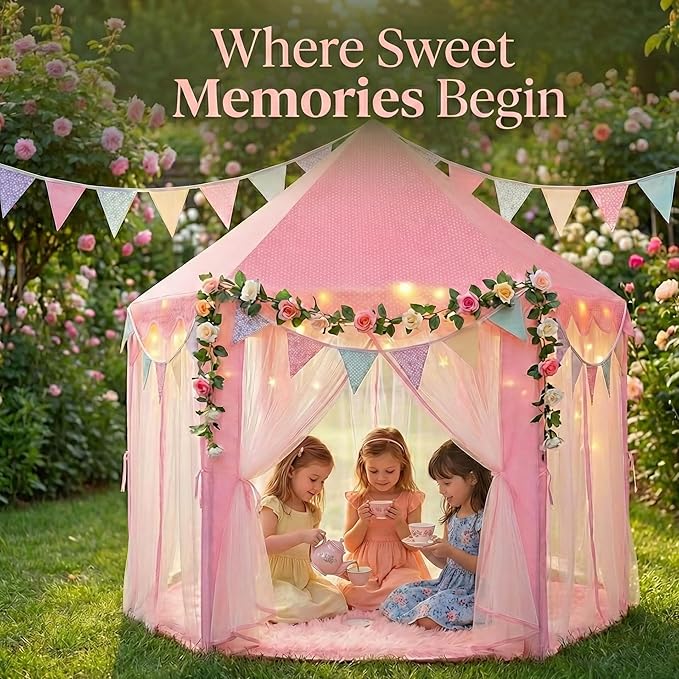 Orian Princess Tent for Girls - Kids Play Tent Indoor & Outdoor with Rug, Pink Toddler Castle Playhouse for Ages 2-7, 55” x 53”, Children’s Toys and Gifts