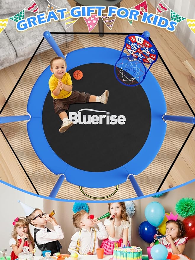 BLUERISE 55IN 6FT Toddler Trampoline for Kids Indoor Outdoor Play for Kids Trampoline Basketball Hoop Attachment with Enclosure Net Easy to Assemble
