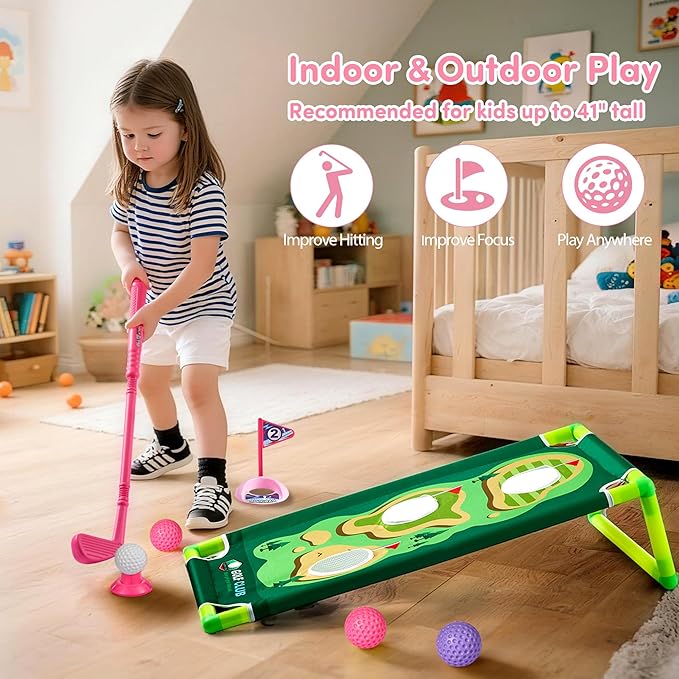 PJG Toddler Golf Set with Mat & Cornhole Board Ages 1 2 3 4 5 Years Old, Plastic Kids Golf Clubs 3-5 with 4 Golf Clubs and 10 Balls, Golf Toy with Cart for Boys and Girls Birthday (Pink)