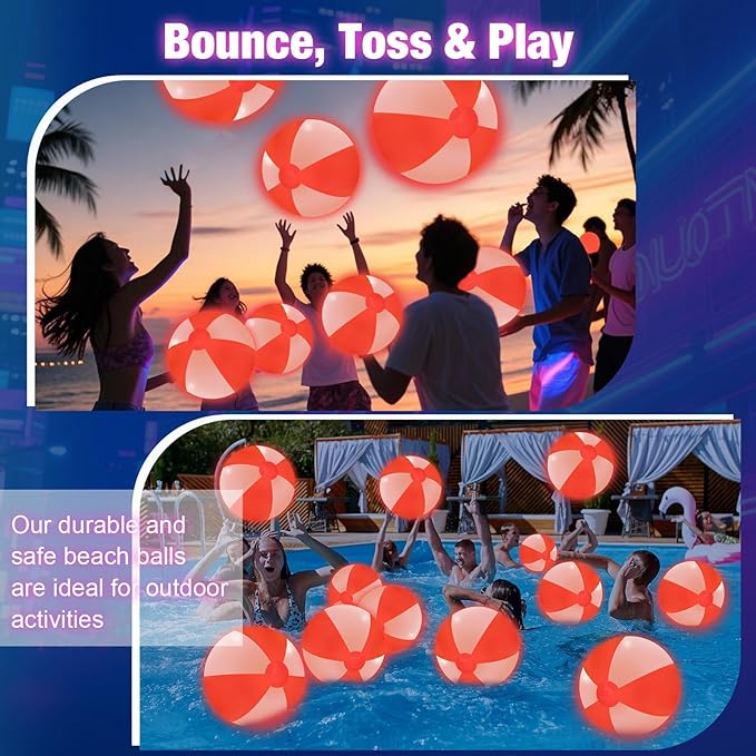 12 Pcs Light up Beach Balls 16'' Jumbo Pool LED Balls Glow in The Dark Neon Giant Inflatable for Summer Hawaiian Tropical Theme Beach Party Decor Water Accessory (Red)