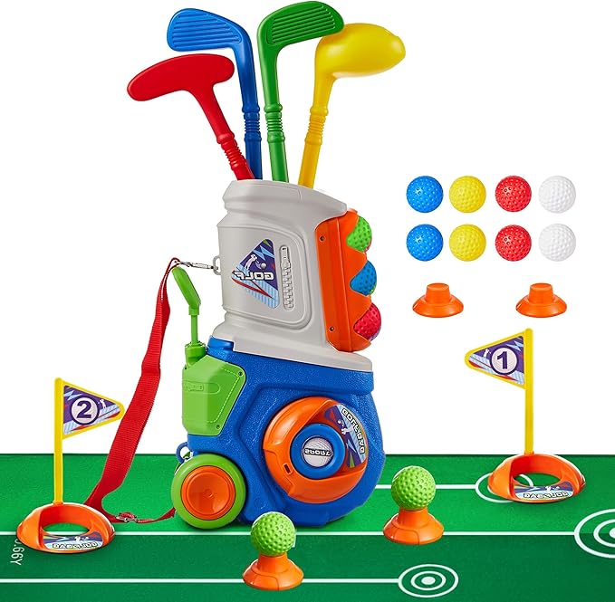 PJG Toddler Golf Set, Plastic Kids Golf Clubs Ages 1 2 3 4 5 Years Old with 4 Golf Clubs and 10 Balls, Indoor and Outdoor Golf Toys with Cart for Boys Girls Birthday Gift (Blue with mat)