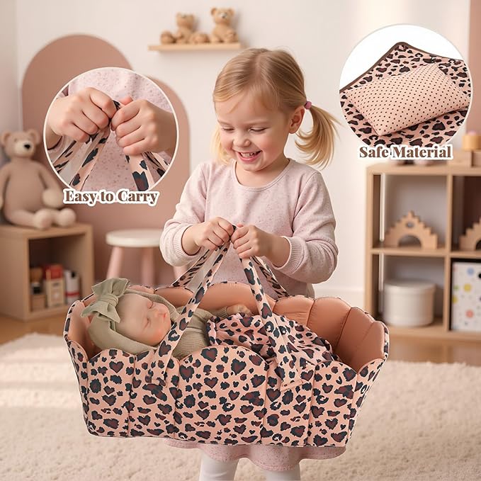 BABESIDE 3 Pcs Baby Doll Bassinet with Doll Bedding Set for 17-22 Inch Babydolls, Cute Heart Leopard Print Baby Dolls Crib with Pillow Blanket for Reborn Baby Doll Accessories, Brown
