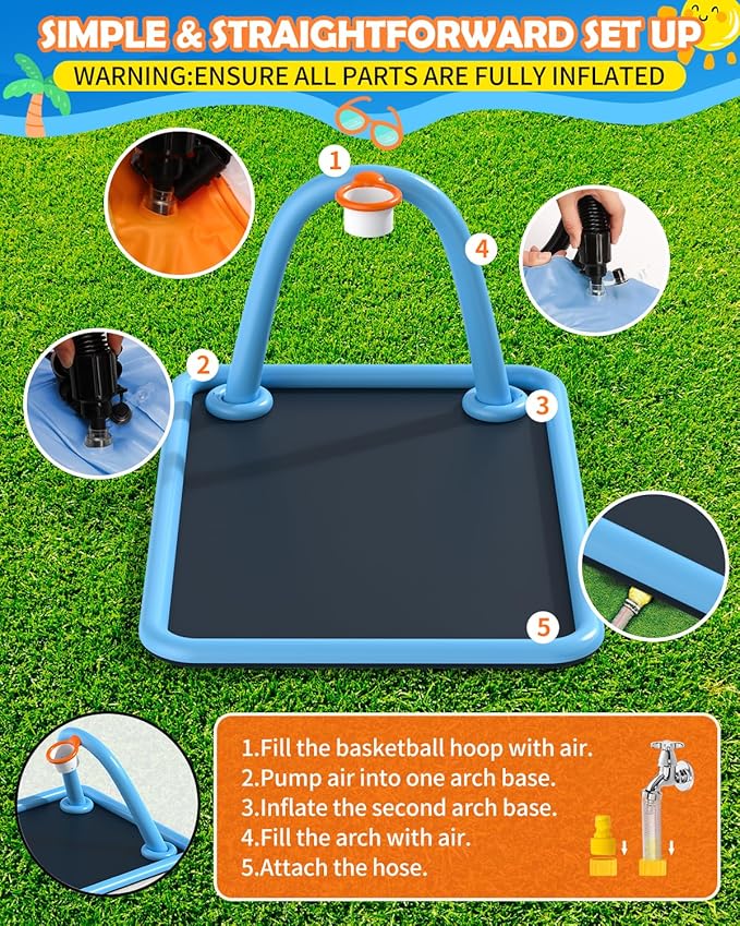 Splash Pad for Kids & Dogs, 102x87'' Large Sprinkler Pad Water Toys with Basketball Hoop, Thickened Non-Slip Splash Mat, Foldable Play Pool & Outdoor Summer Toys Ages 4-12 (102" Splash Pad)
