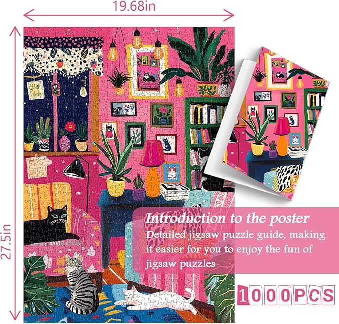 PICKFORU Cat Puzzles for Adults 1000 Pieces, Colorful Kitty Plant Puzzles for Adults, Difficult Art Living Room Jigsaw Puzzle as Home Decor