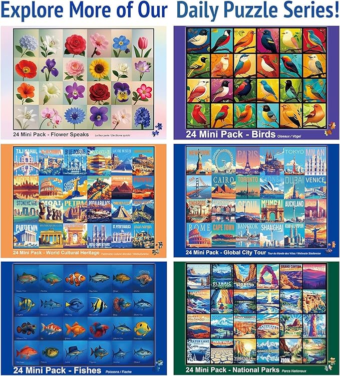 rokt&razo, Global City Tour, 24 Mini Pack Jigsaw Puzzles, 1000 Pieces Daily Challenge Pack with Reference Poster, Advent Calendar, Family Game Nights, Finish Size 27.5 * 19.7 in (Index on The Back)