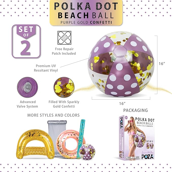 POZA Inflatable Beach Balls - Elegant Glitter Confetti Premium Floaters, Heavy Duty Vinyl Floatation Pool Toys for Pool Beach Party, UV Resistant Pool Décor